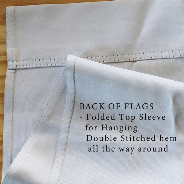 a white fabric with a folded top sleeve and a double-stitched hem, indicating that it is designed to be hung all the way around.