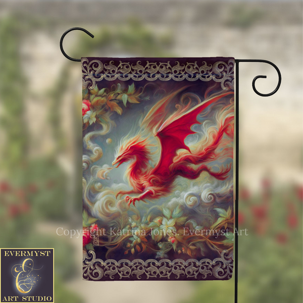 a vibrant red dragon with a flowing, fiery tail, set against a backdrop of swirling clouds and flowers.