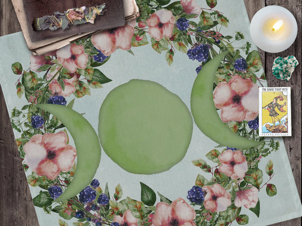 Summer Green Triple Moon Altar Cloth - Tarot Witch Decor And Seasonal Altars Square