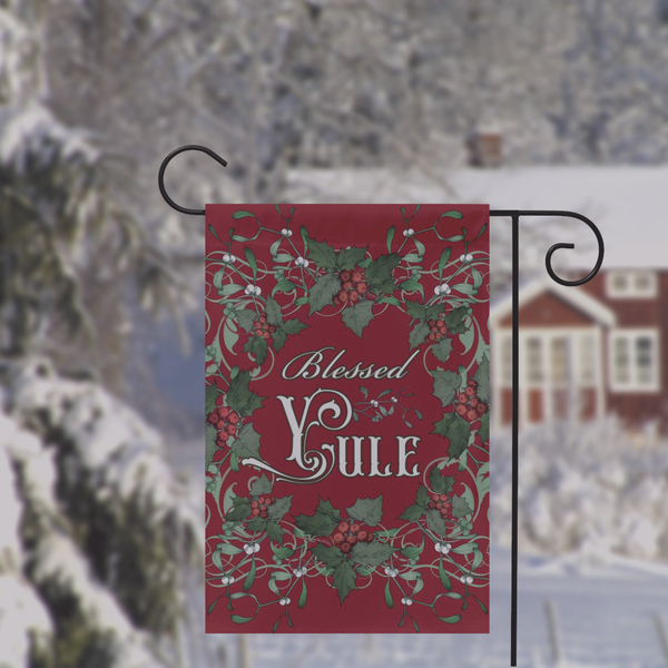 Blessed Yule Holly Red Garden Flag