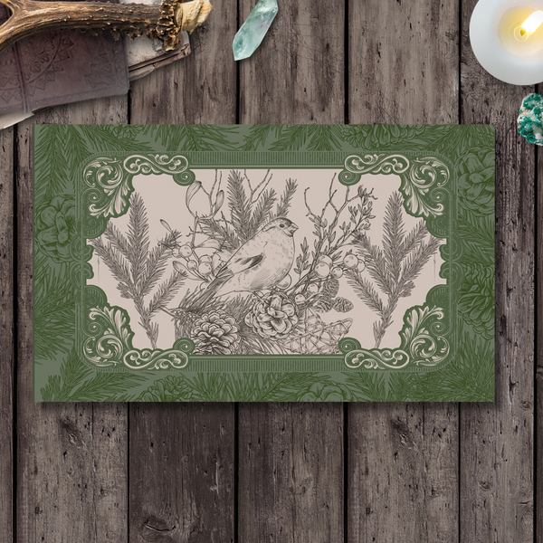 Woodland Bird Green Altar Cloth Tarot Reading Mat - Witch Decor Rec