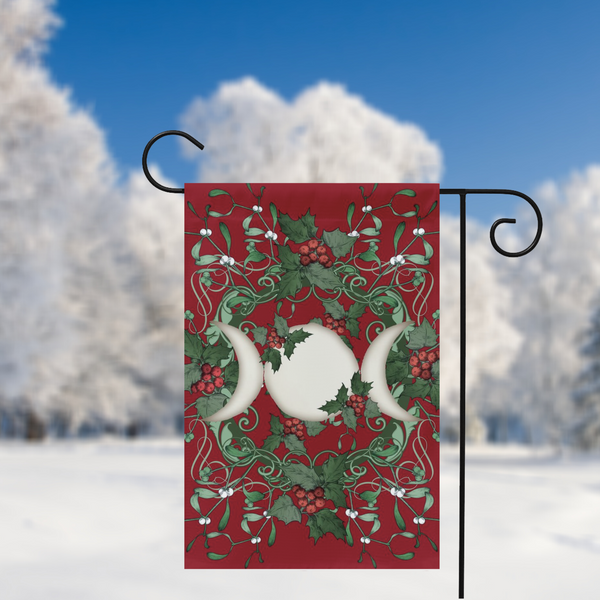 Yule Holly Triple Moon Red Garden Flag