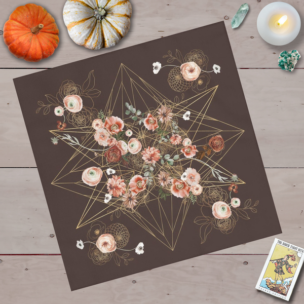 Altar Cloth Tarot Floral Geometric Grid On Dark Brown Square