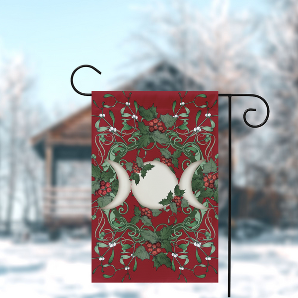 Yule Holly Triple Moon Red Garden Flag