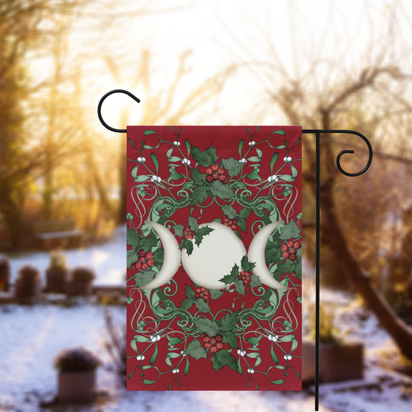 Yule Holly Triple Moon Red Garden Flag