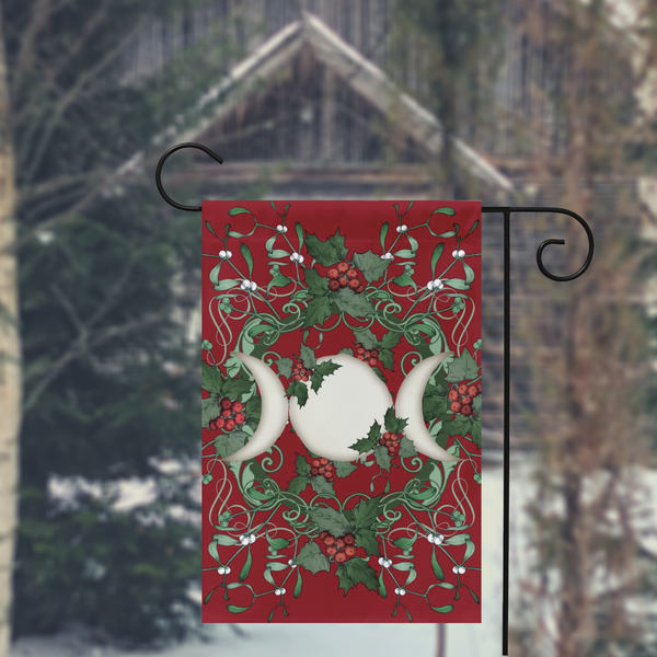 Yule Holly Triple Moon Red Garden Flag