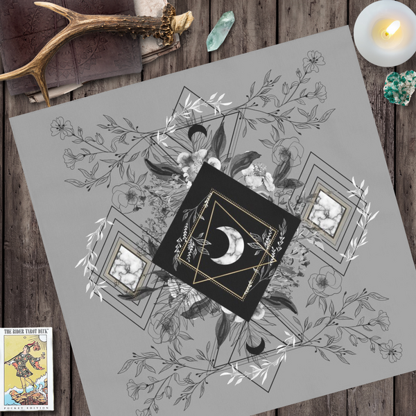 Tarot And Crystal Cloth - Grey Botanical Moon Altar Decor Square