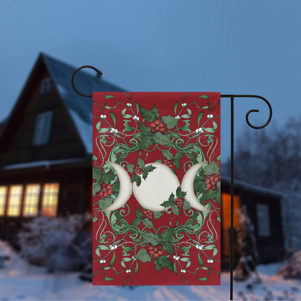 Yule Holly Triple Moon Red Garden Flag