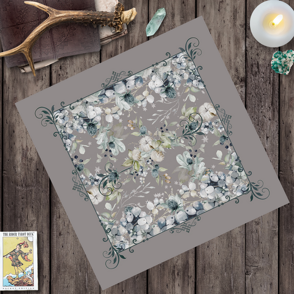 Winter Altar Cloth With Berries Thistle - Tarot Mat Witchy Decor Square