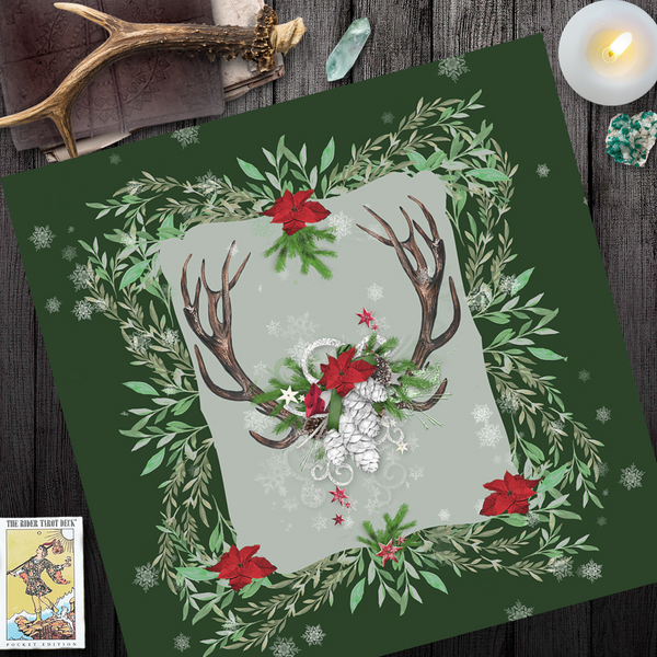 Winter Antler Yule Altar Cloth Mat For Tarot Readings - Pagan Wicca Witch Decor Square