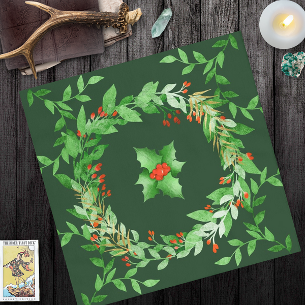 Holiday Tarot Cloth - Holly Yule Altar With Evergreen Wreath Square