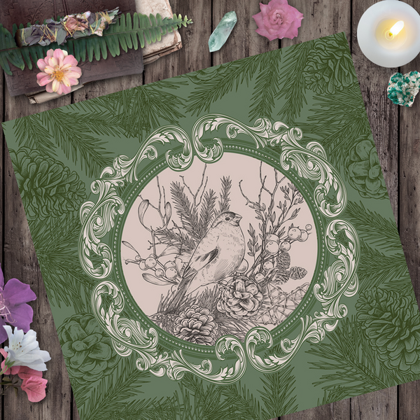 Woodland Bird Altar Cloth - Green Tarot Reading Mat Witch Decor Square