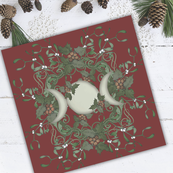 Triple Moon Goddess Altar Cloth - Yule Red Holly Tarot Reading Mat Square