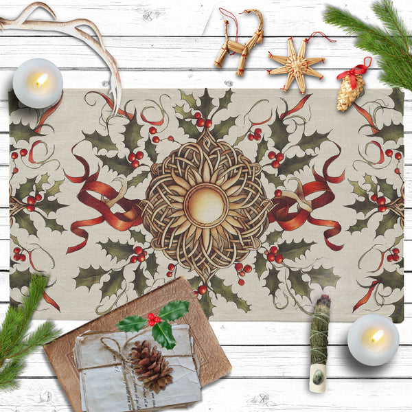 a table topped with candles and christmas decorations