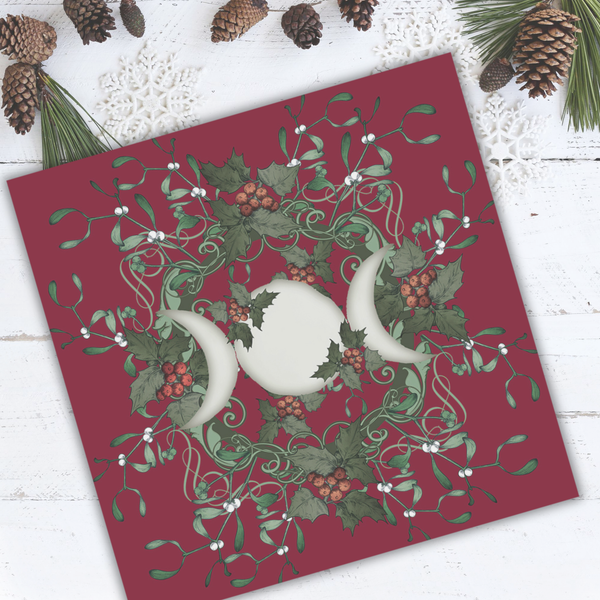 Triple Moon Goddess Altar Cloth - Yule Red Holly Tarot Reading Mat Square