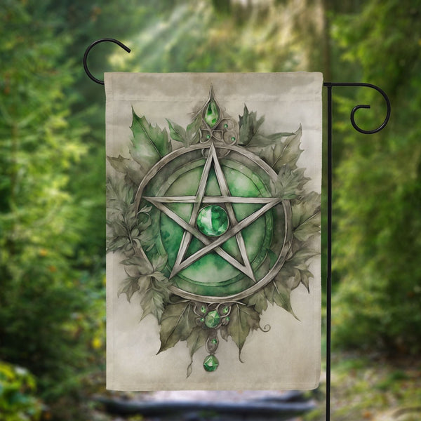 a green pentagramil with leaves and a pentagramil on it