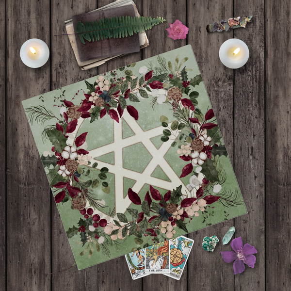 Pentacle Altar Cloth - Yule Winter Greens Witch Decor Square