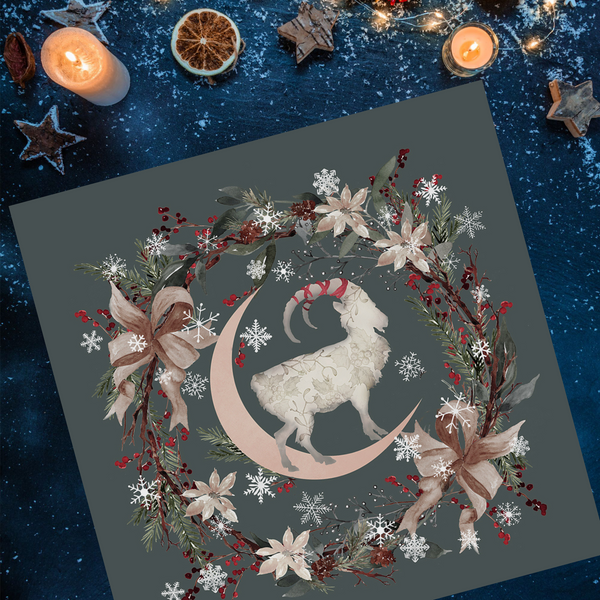 Yule Goat Moon Altar Cloth - Pagan Winter Botanical Decor Square