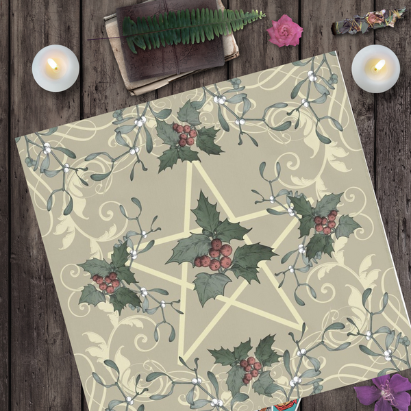 Yule Altar Tarot Cloth - Antique Holly Style Decor Square