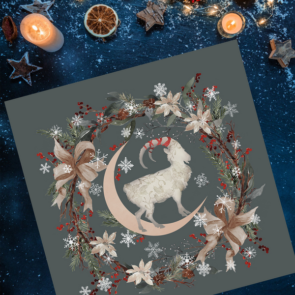 Yule Goat Moon Altar Cloth - Pagan Winter Botanical Decor Square
