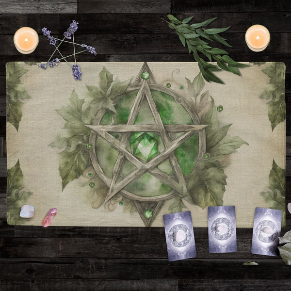 a place mat with a pentagramil surrounded by candles