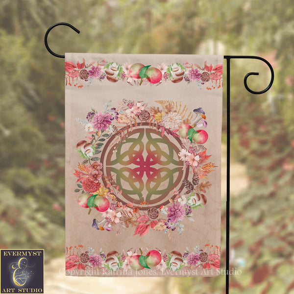 A banner with a circular design featuring a Celtic knot surrounded by various colorful flowers and fruits, such as apples and pears, against a blurred natural background.