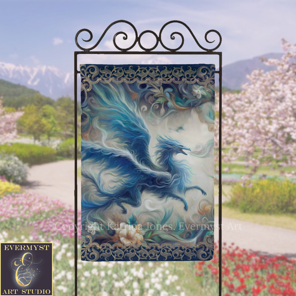 a large, colorful dragon-like creature with flowing, blue and green wings, set against a backdrop of a garden with blooming flowers and a winding path.