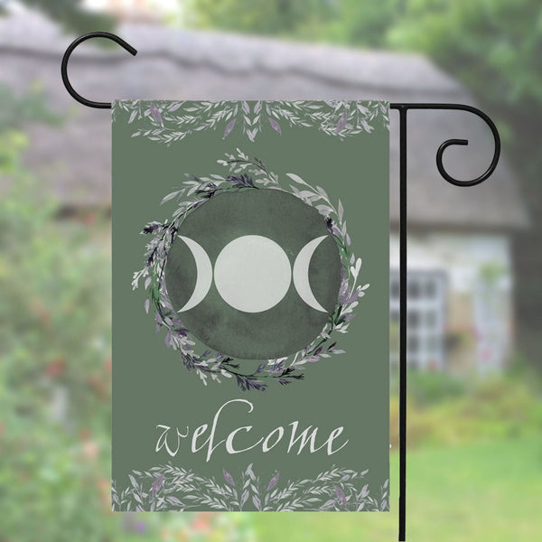 Triple Moon Green Welcome Flag - Pagan Wicca Outdoor Decor
