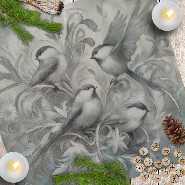 a painting of three birds sitting on top of a table