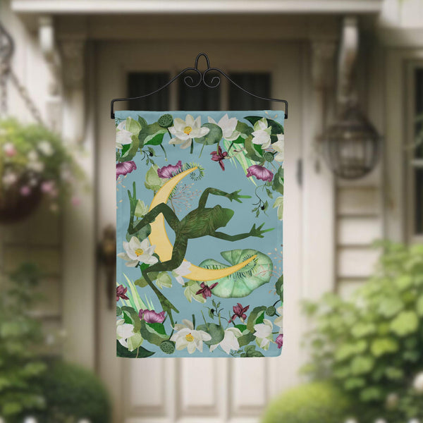 a garden flag hanging from a front door