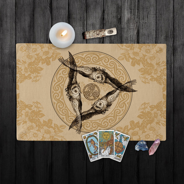 Vintage Triple Owl Altar Cloth - Athena Goddess Wiccan Decor Rec