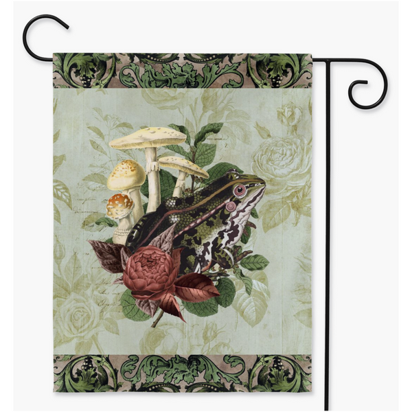 Vintage Frog And Flowers Green Cottage Garden Flag