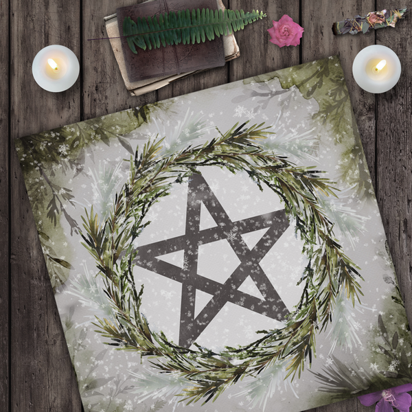 Winter Pentacle Altar Cloth - Tarot Reading Mat Yule Witch Vibe Decor Square