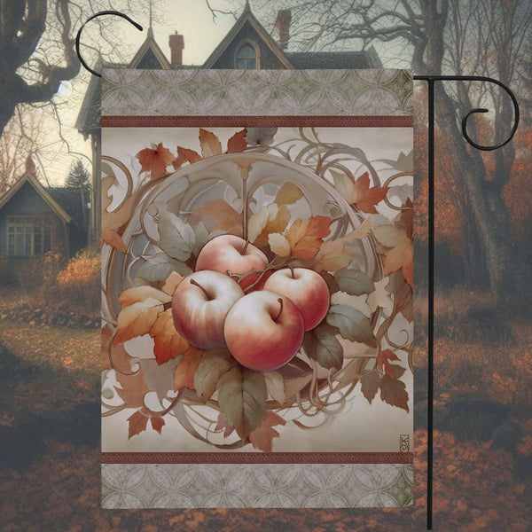 a painting of apples with leaves and a house in the background