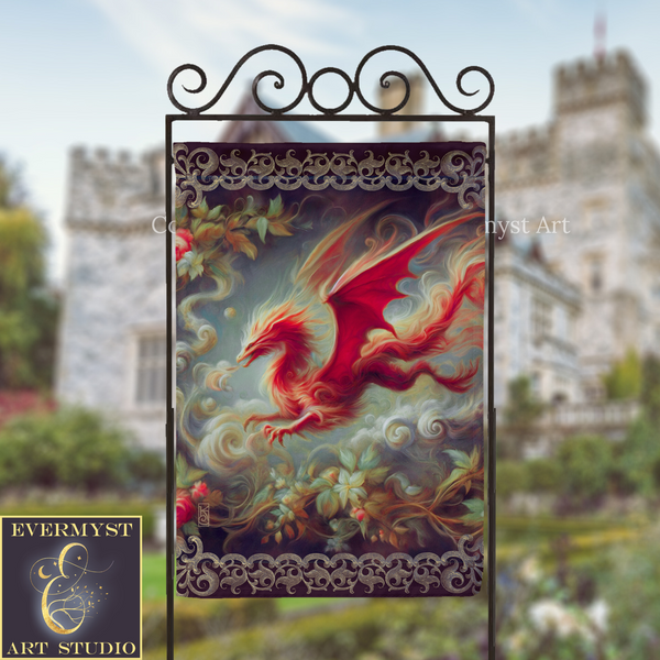 a large, ornate banner with a dragon design, displayed in front of a castle.