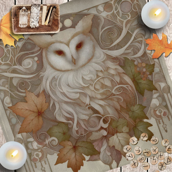 a picture of an owl surrounded by autumn leaves