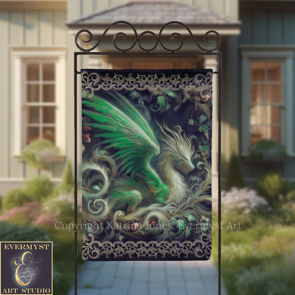 a large, ornate banner with a dragon design, displayed in front of a building with a garden.