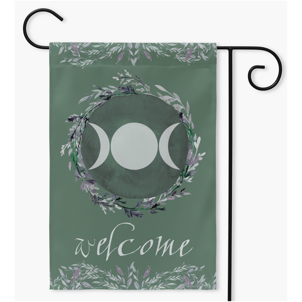 Triple Moon Green Welcome Flag - Pagan Wicca Outdoor Decor Double / 18.325X27 Inch