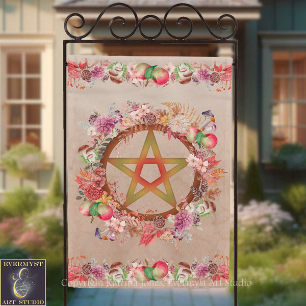 a banner with a large star design surrounded by a wreath of colorful flowers and fruits.