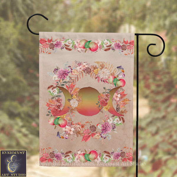 A banner with a floral design featuring three crescent moons surrounded by various flowers and leaves.
