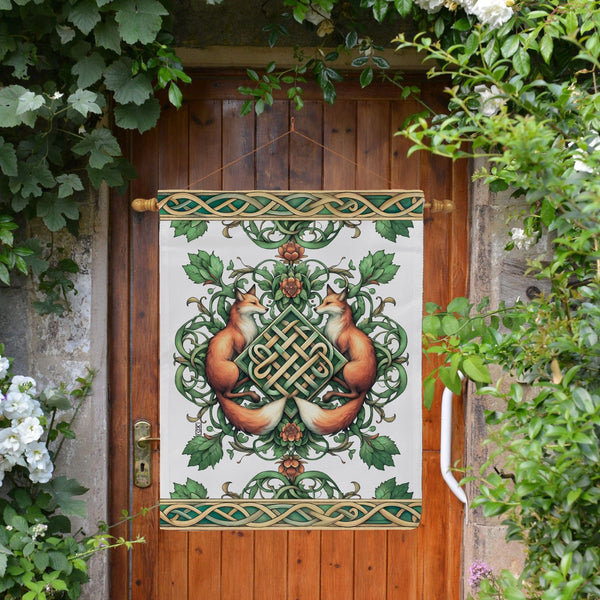 a door with a picture of two foxes on it