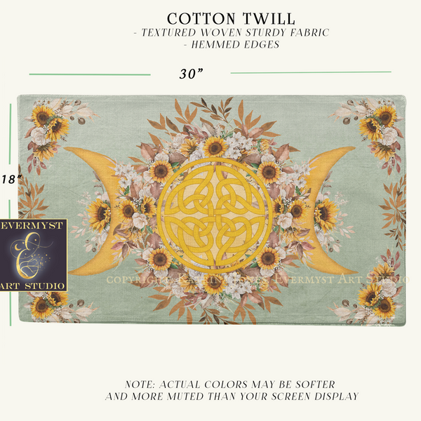 The image is a printed fabric with a floral design featuring sunflowers and a crescent moon. The fabric has a textured woven stiff fabric with hemed edges.
