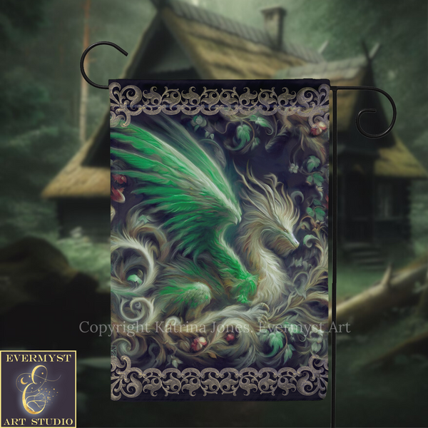 a detailed and intricate dragon design, with its wings spread wide and its head turned to the side. The dragon is surrounded by a lush, green forest, creating a sense of depth and scale. The background is blurred, drawing attention to the dragon and its surroundings. The image is a close-up of the dragon, showcasing its intricate features and vibrant colors.