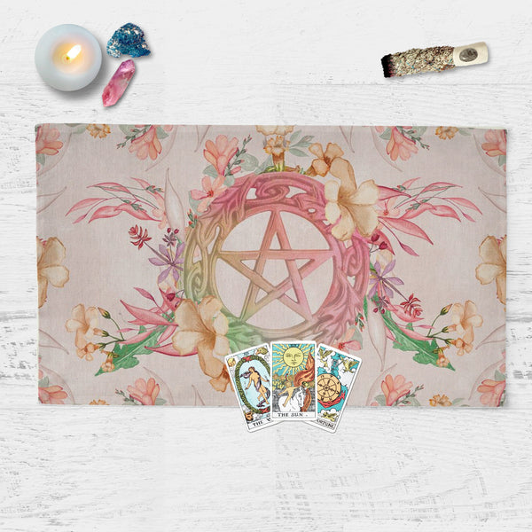 Spring Floral Pentacle Altar Cloth Witch Pagan Flowery Tarot Mat Cotton Twill Rec