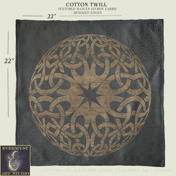 a large, intricate design of a circular pattern with a star at the center, set against a dark background. The design appears to be a textile or fabric with a textured, woven texture. The image is described as a "Cotton Twill" with "Textured Woven Sturdy Fabric" and "HEMMED EDGES" printed on it, indicating that it is a high-quality, handcrafted textile product.
