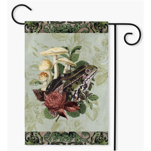 Vintage Frog And Flowers Green Cottage Garden Flag