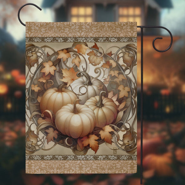 a picture of a fall scene with pumpkins and leaves