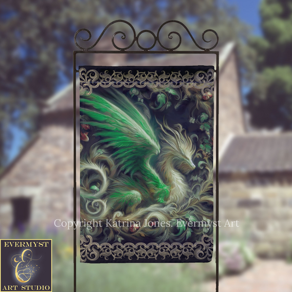 a large, ornate banner with a detailed illustration of a green dragon-like creature on it. The banner is displayed outdoors, possibly in a garden or park setting.