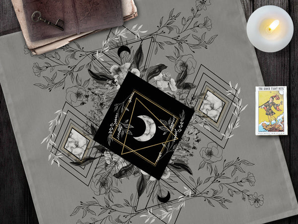 Tarot And Crystal Cloth - Grey Botanical Moon Altar Decor Square