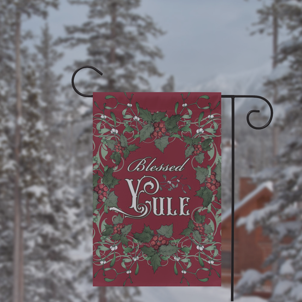 Blessed Yule Holly Red Garden Flag